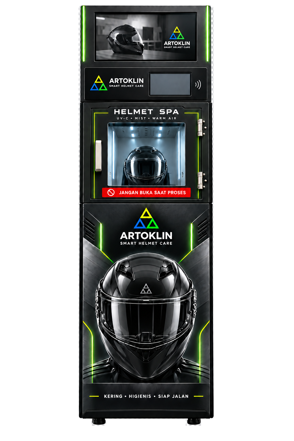 Black Artoklin Helmet Spa machine with a helmet inside the treatment chamber